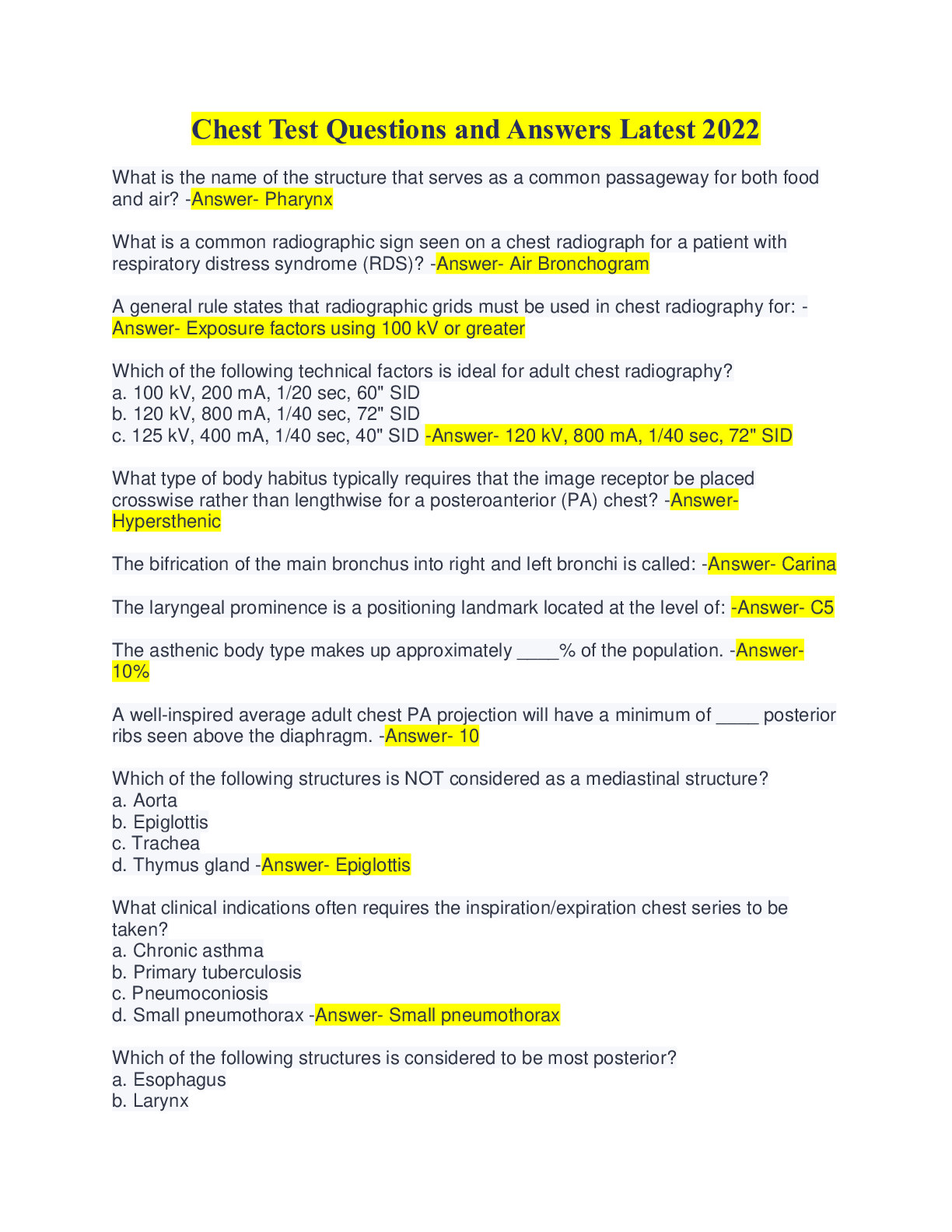 Preview image for Chest Test Questions and Answers Latest 2022